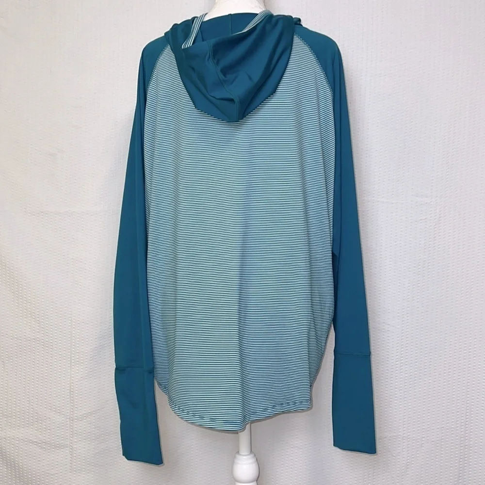 Brooks Turquoise Blue Striped Lightweight Run Happy Long Sleeve Hoodie -Sz Large